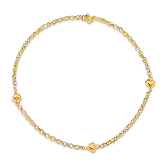 Tobillera de Corazón Puff de Oro Amarillo de 14K de 10 Pulgadas