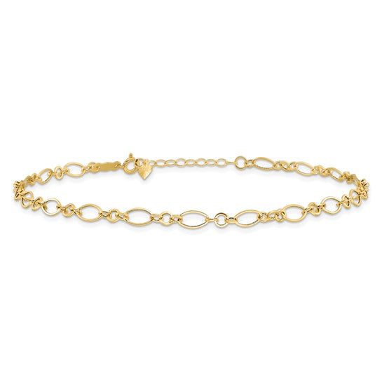 Tobillera de Oro Amarillo 14K, Enlace de Fantasía, 9 Pulgadas + 1 Pulgada de Extensión