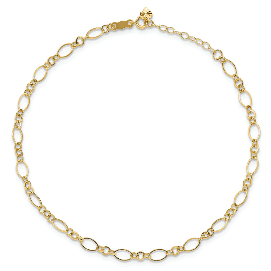 Tobillera de Oro Amarillo 14K, Enlace de Fantasía, 9 Pulgadas + 1 Pulgada de Extensión