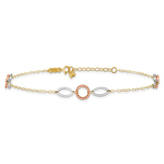 Tobillera de Oro de 14K de Tres Tonos con Círculos y Óvalos de 9 Pulgadas + Extensión de 1 Pulgada