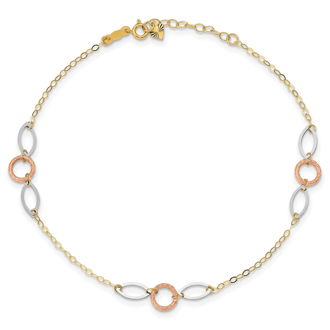 Tobillera de Oro de 14K de Tres Tonos con Círculos y Óvalos de 9 Pulgadas + Extensión de 1 Pulgada