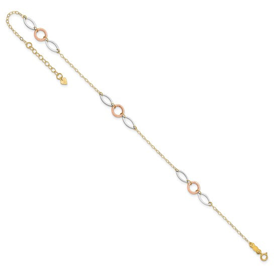 Tobillera de Oro de 14K de Tres Tonos con Círculos y Óvalos de 9 Pulgadas + Extensión de 1 Pulgada