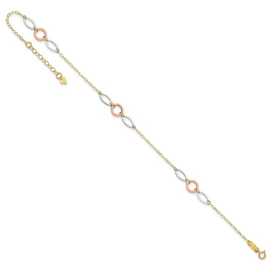 Tobillera de Oro de 14K de Tres Tonos con Círculos y Óvalos de 9 Pulgadas + Extensión de 1 Pulgada