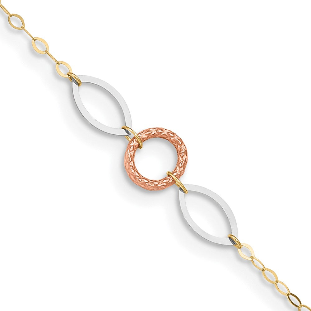 Tobillera de Oro de 14K de Tres Tonos con Círculos y Óvalos de 9 Pulgadas + Extensión de 1 Pulgada