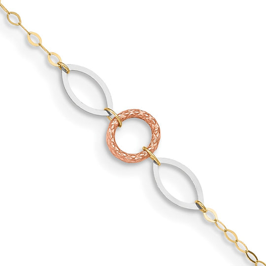 Tobillera de Oro de 14K de Tres Tonos con Círculos y Óvalos de 9 Pulgadas + Extensión de 1 Pulgada