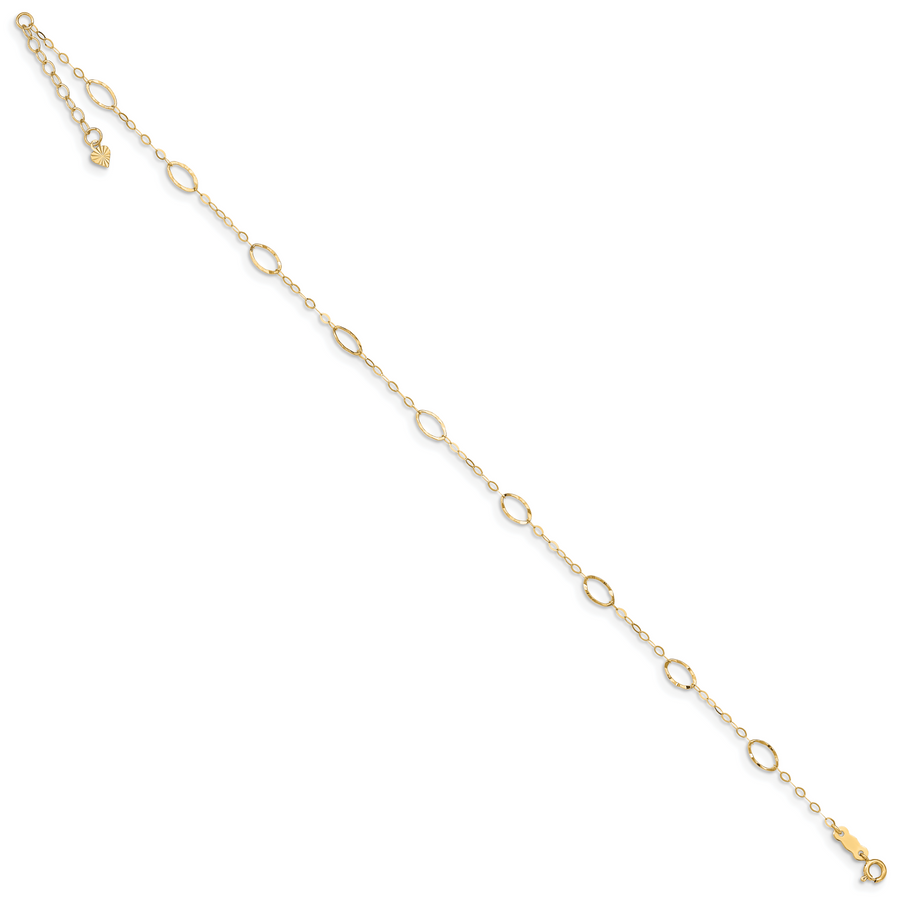 Tobillera de Oro Amarillo 14K con Formas Ovaladas de 9 Pulgadas + 1 Pulgada de Extensión