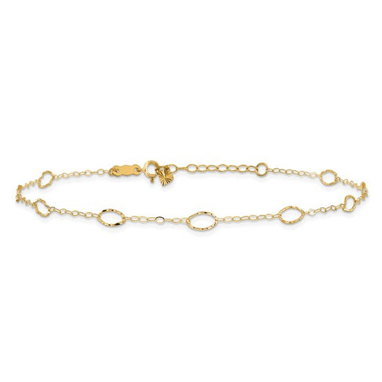 Tobillera de Oro Amarillo 14K con Formas Ovaladas de 9 Pulgadas + 1 Pulgada de Extensión