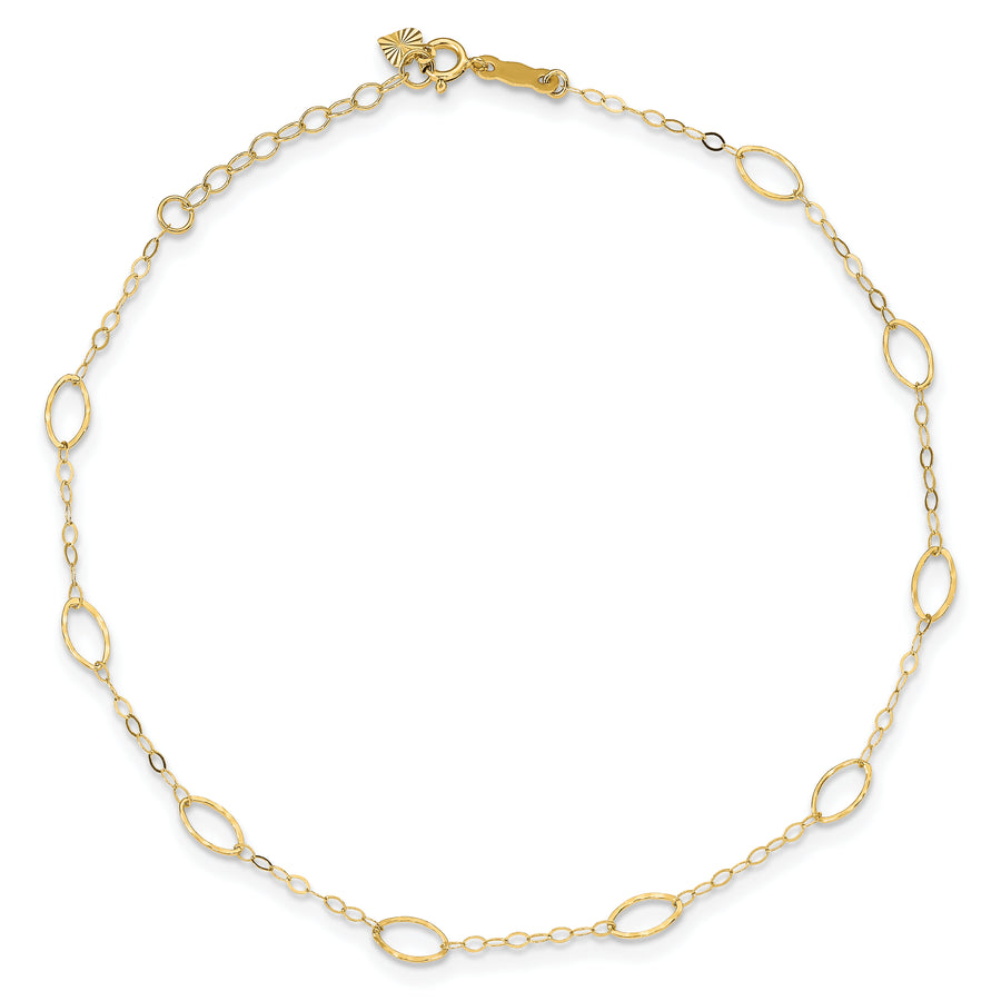 Tobillera de Oro Amarillo 14K con Formas Ovaladas de 9 Pulgadas + 1 Pulgada de Extensión