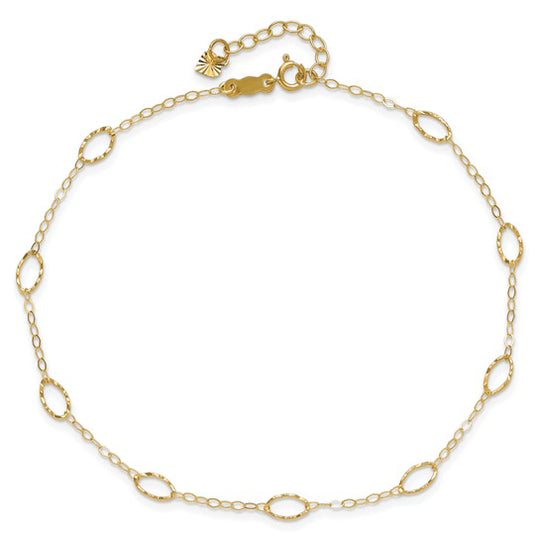 Tobillera de Oro Amarillo 14K con Formas Ovaladas de 9 Pulgadas + 1 Pulgada de Extensión