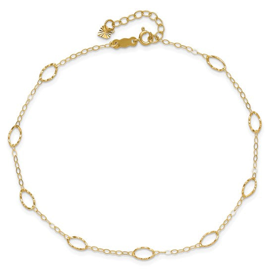 Tobillera de Oro Amarillo 14K con Formas Ovaladas de 9 Pulgadas + 1 Pulgada de Extensión