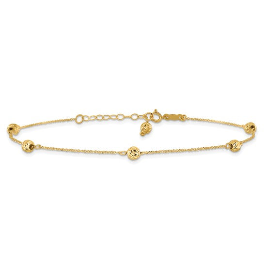 Tobillera de Oro Amarillo de 14K con Perlas Cortadas a Diamante con Extensión de 1 Pulgada