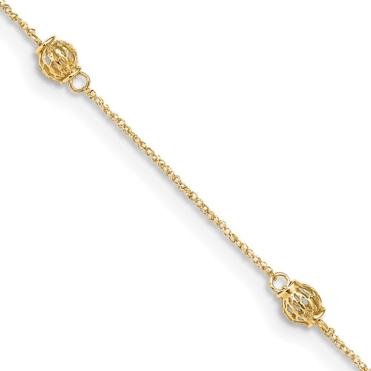 Tobillera de Oro Amarillo de 14K con Perlas Cortadas a Diamante con Extensión de 1 Pulgada