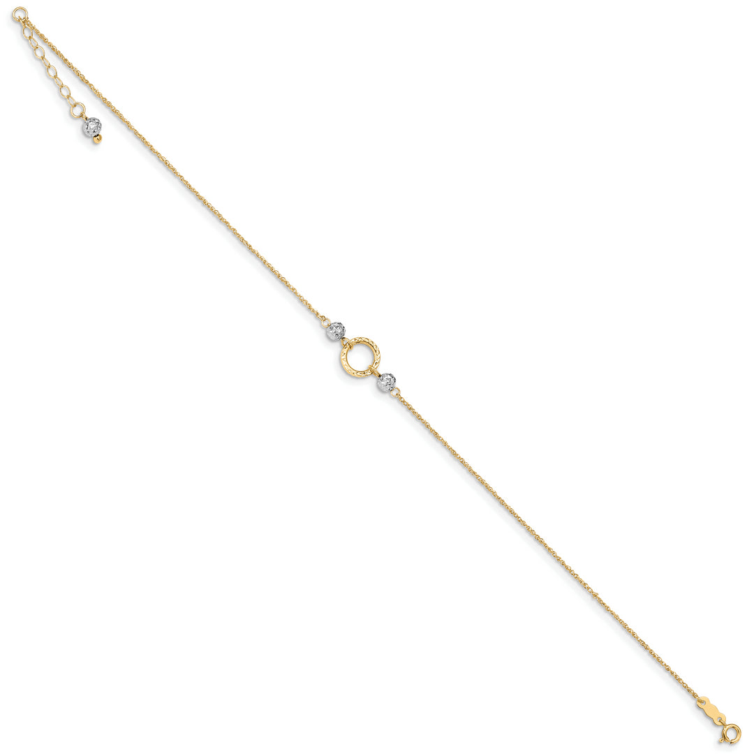 Tobillera de Oro Bicolor de 14K con Círculo y Cuentas de 9 Pulgadas + Extensor de 1 Pulgada