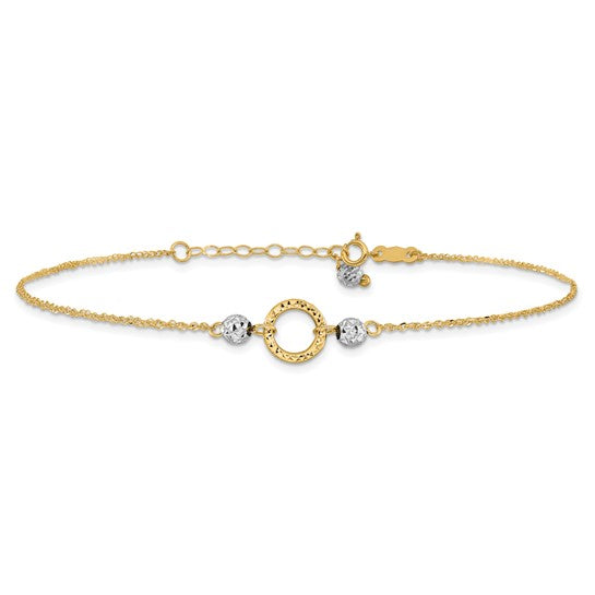Tobillera de Oro Bicolor de 14K con Círculo y Cuentas de 9 Pulgadas + Extensor de 1 Pulgada