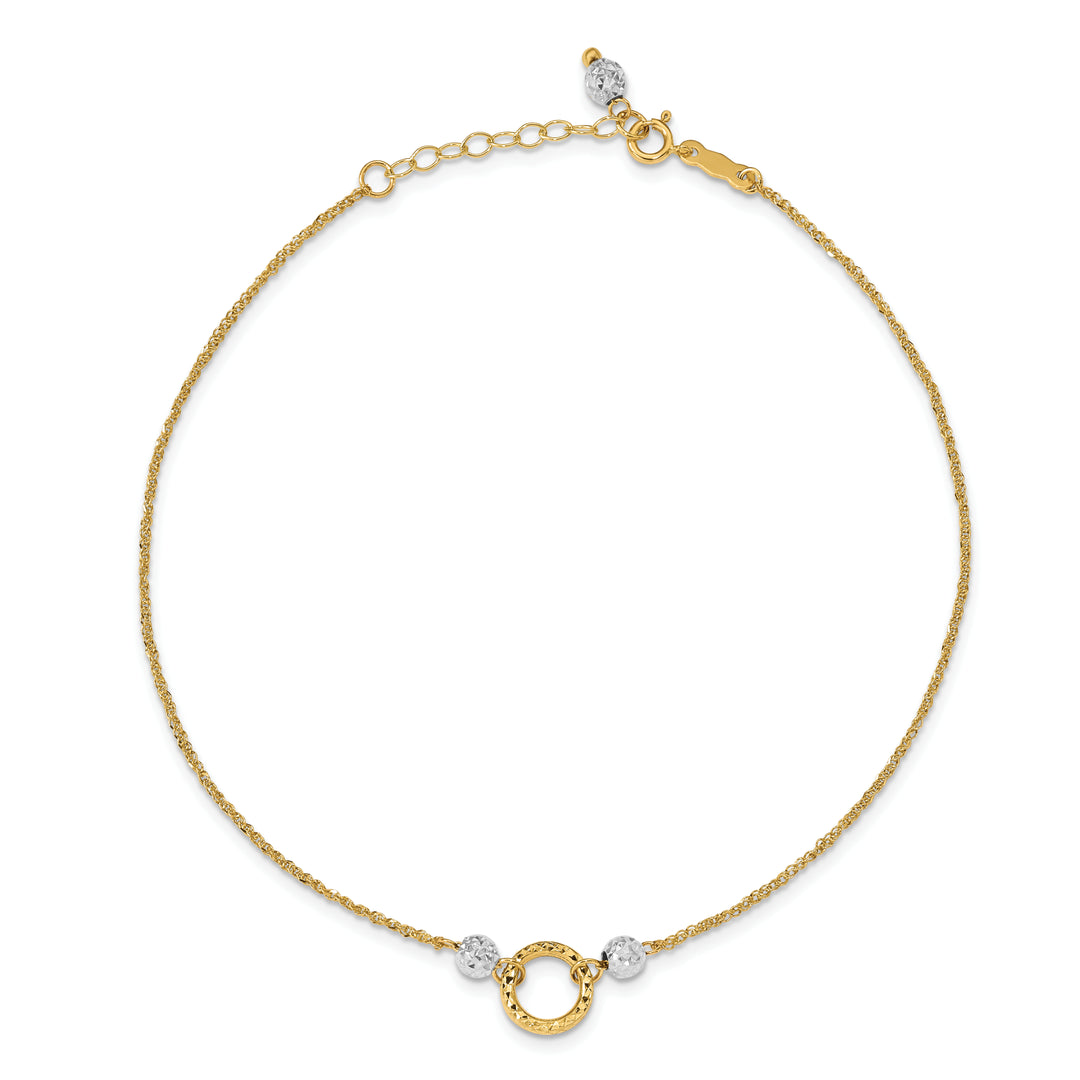 Tobillera de Oro Bicolor de 14K con Círculo y Cuentas de 9 Pulgadas + Extensor de 1 Pulgada