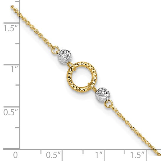 Tobillera de Oro Bicolor de 14K con Círculo y Cuentas de 9 Pulgadas + Extensor de 1 Pulgada