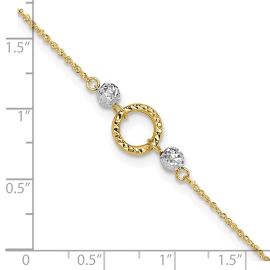 Tobillera de Oro Bicolor de 14K con Círculo y Cuentas de 9 Pulgadas + Extensor de 1 Pulgada