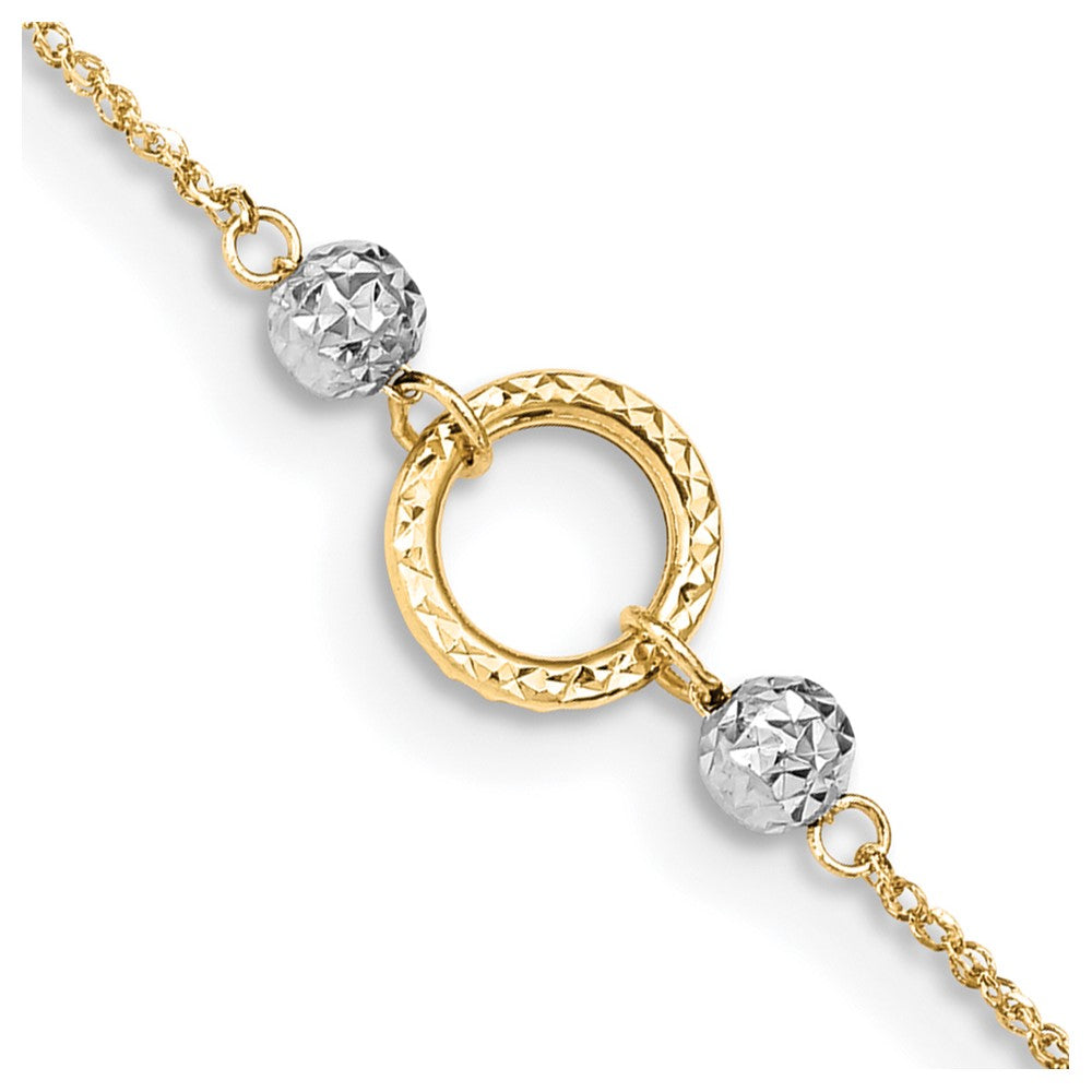 Tobillera de Oro Bicolor de 14K con Círculo y Cuentas de 9 Pulgadas + Extensor de 1 Pulgada