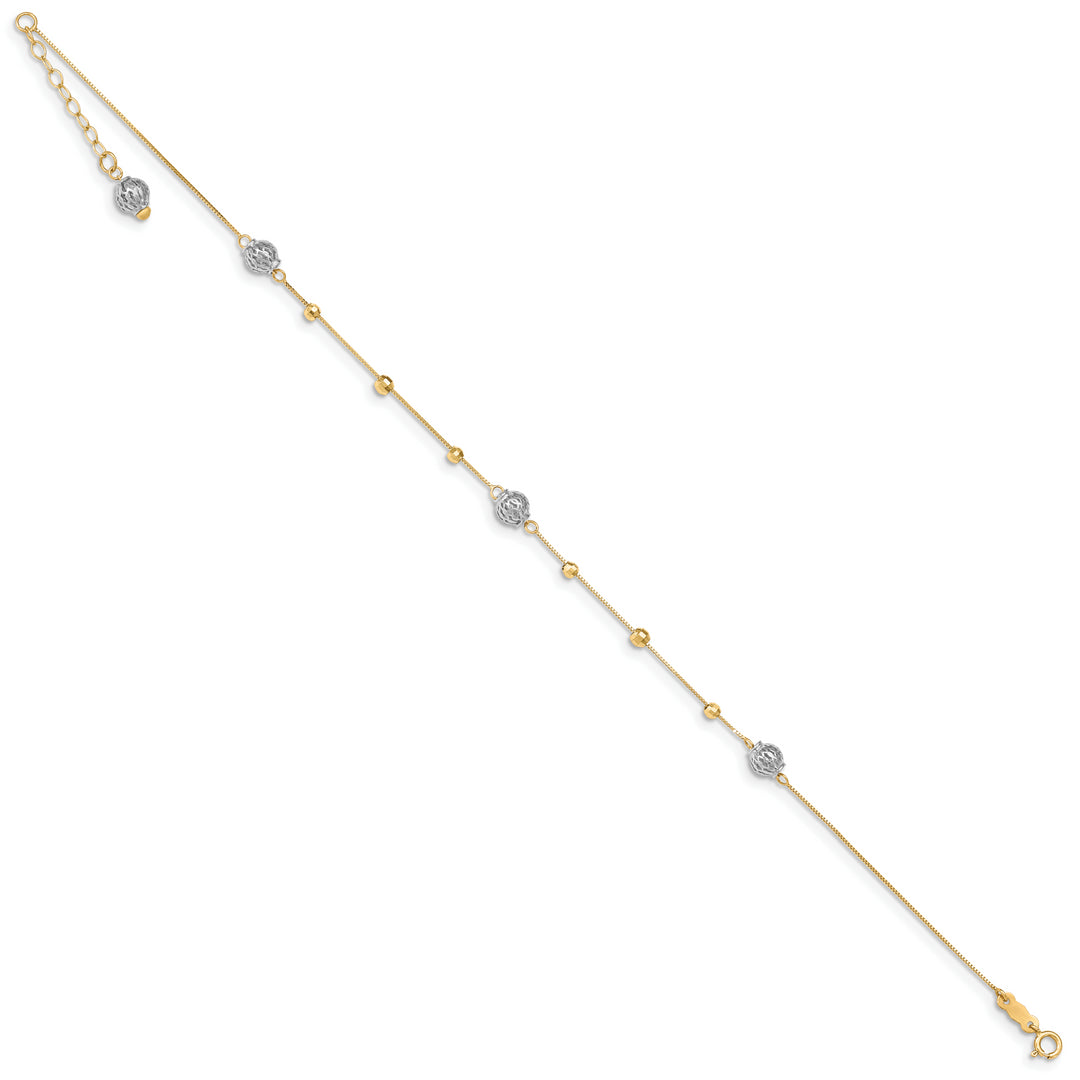 Tobillera 14K Bicolor con Cuentas 9 Pulgadas Más Extensión de 1 Pulgada