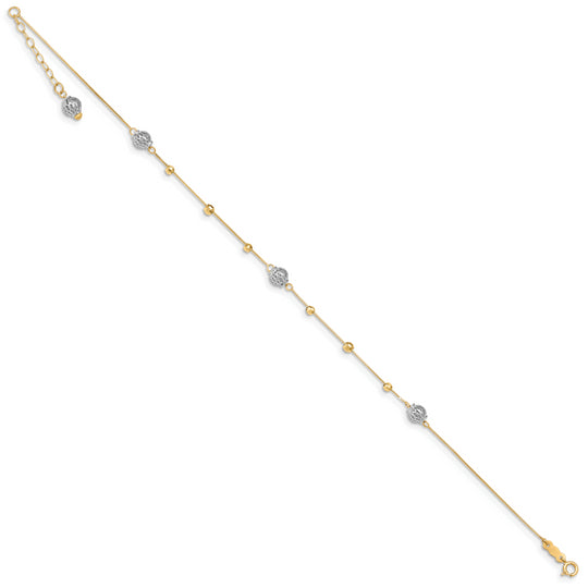 Tobillera 14K Bicolor con Cuentas 9 Pulgadas Más Extensión de 1 Pulgada