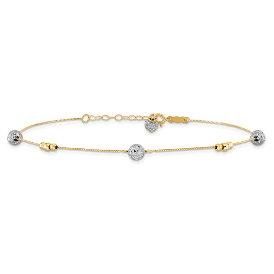 Tobillera 14K Bicolor con Cuentas 9 Pulgadas Más Extensión de 1 Pulgada