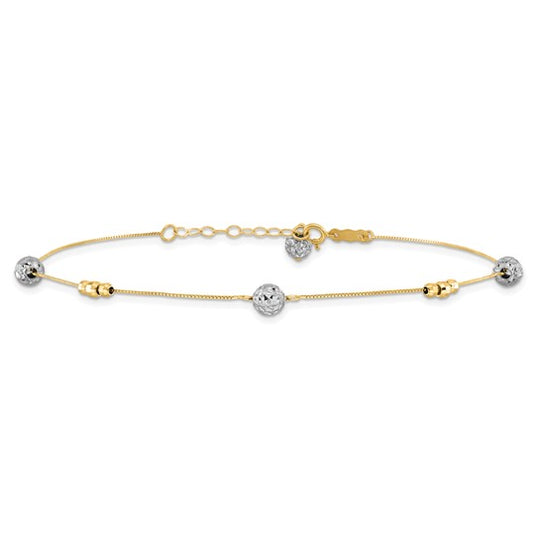 Tobillera 14K Bicolor con Cuentas 9 Pulgadas Más Extensión de 1 Pulgada