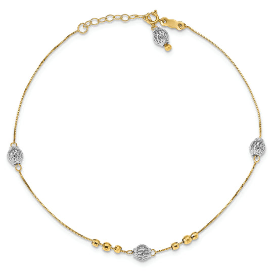 Tobillera 14K Bicolor con Cuentas 9 Pulgadas Más Extensión de 1 Pulgada