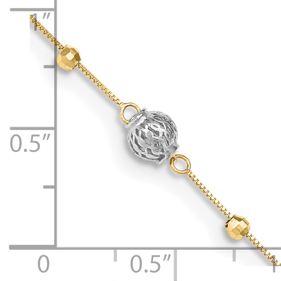 Tobillera 14K Bicolor con Cuentas 9 Pulgadas Más Extensión de 1 Pulgada