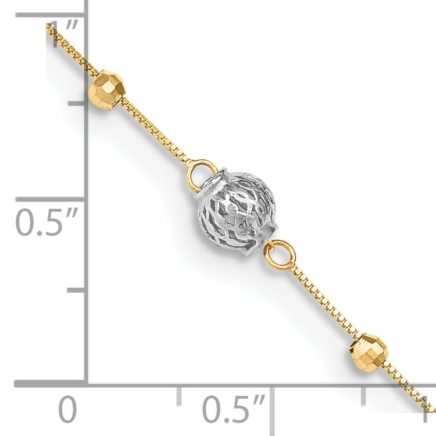 Tobillera 14K Bicolor con Cuentas 9 Pulgadas Más Extensión de 1 Pulgada
