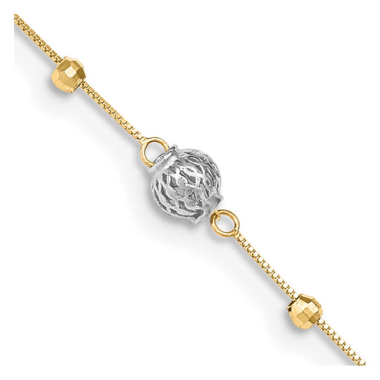 Tobillera 14K Bicolor con Cuentas 9 Pulgadas Más Extensión de 1 Pulgada