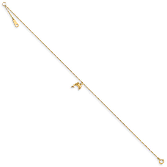 14K Gold Dolphin Charm Anklet 9 Inch + 1 Inch Extension 
