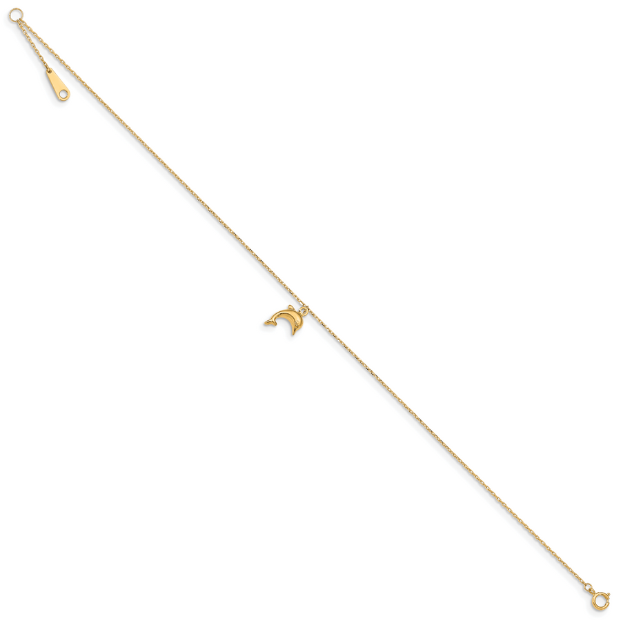 Tobillera de Oro 14K con Encanto de Delfín de 9 Pulgadas + Extensión de 1 Pulgada