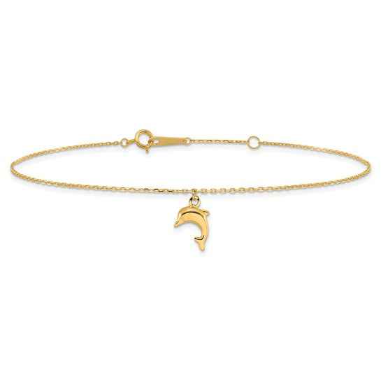 Tobillera de Oro 14K con Encanto de Delfín de 9 Pulgadas + Extensión de 1 Pulgada