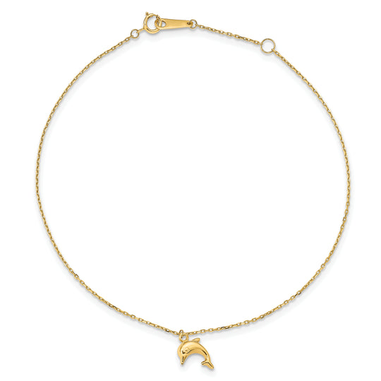 14K Gold Dolphin Charm Anklet 9 Inch + 1 Inch Extension 