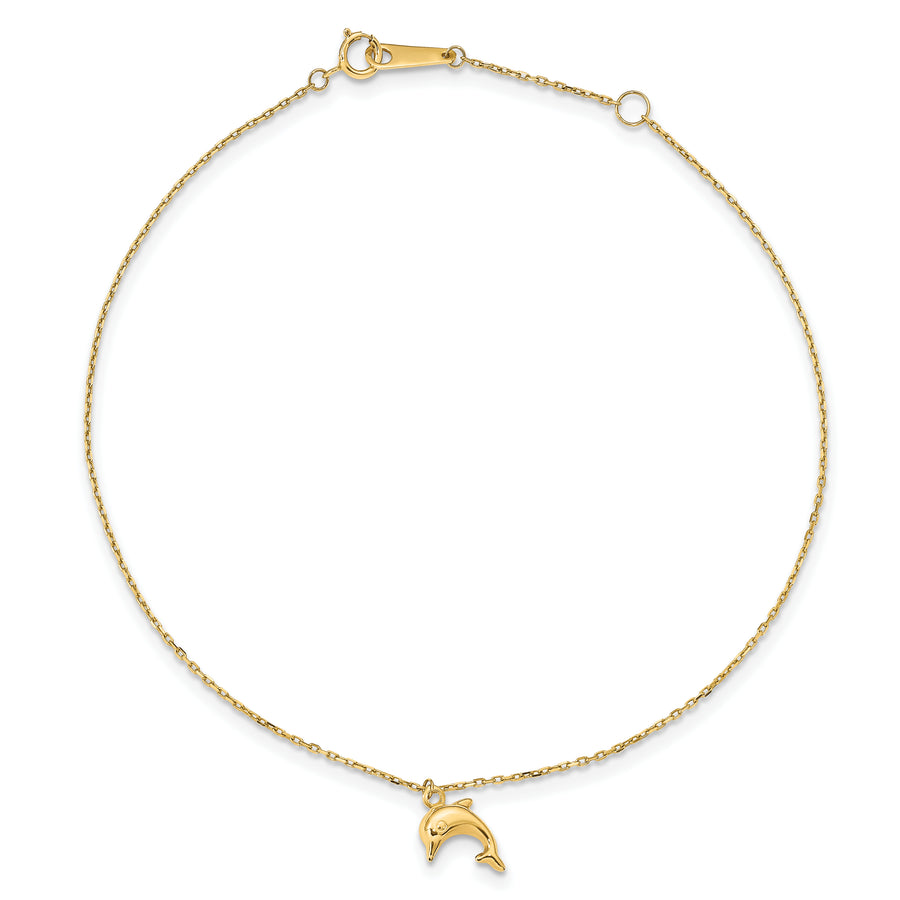 Tobillera de Oro 14K con Encanto de Delfín de 9 Pulgadas + Extensión de 1 Pulgada