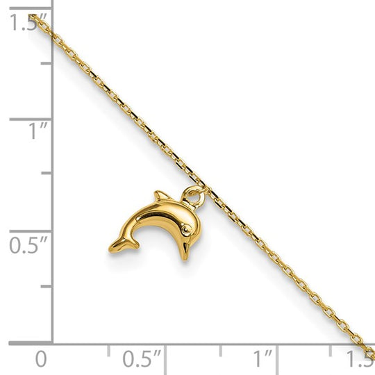 14K Gold Dolphin Charm Anklet 9 Inch + 1 Inch Extension 