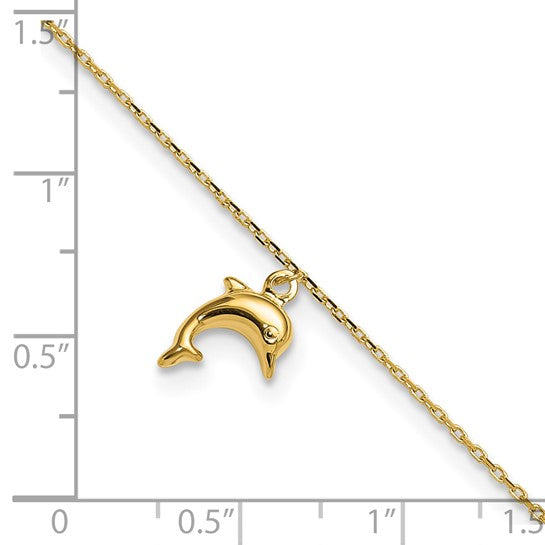 Tobillera de Oro 14K con Encanto de Delfín de 9 Pulgadas + Extensión de 1 Pulgada