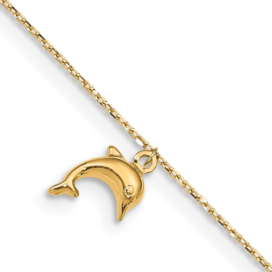 Tobillera de Oro 14K con Encanto de Delfín de 9 Pulgadas + Extensión de 1 Pulgada