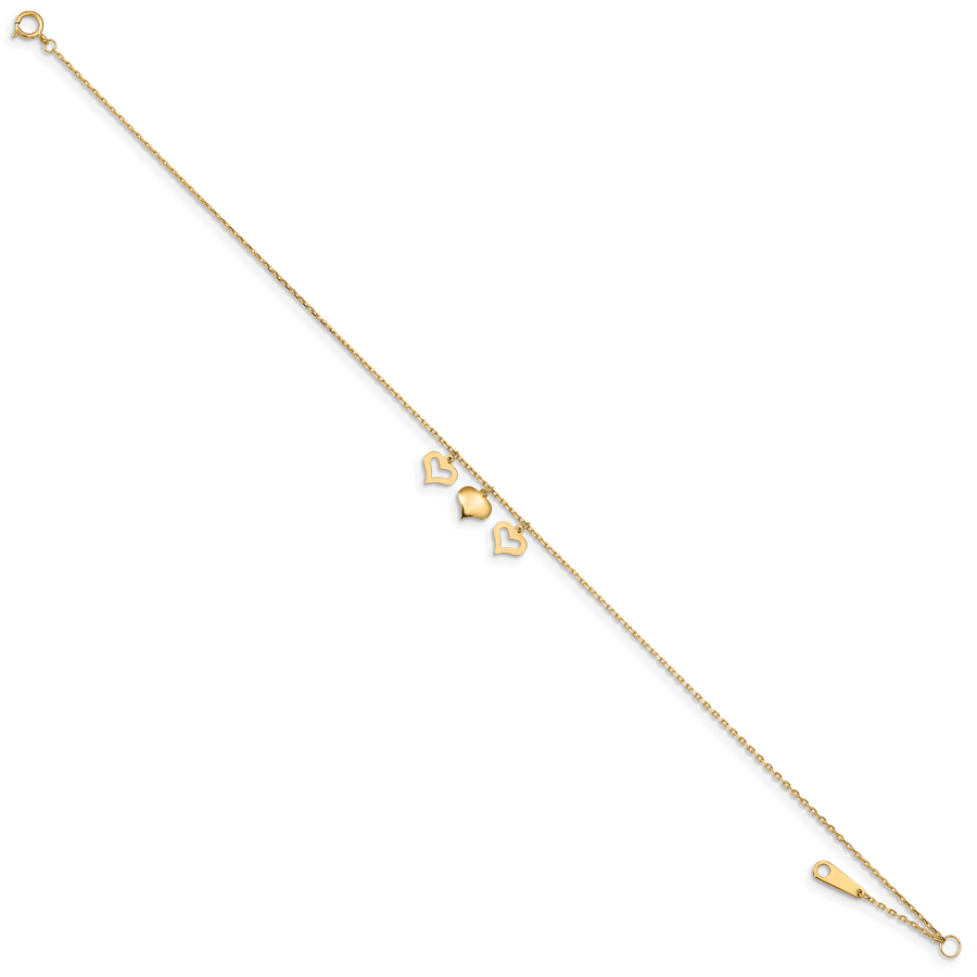 Tobillera 14K con 3 Corazones, 9 Pulgadas + 1 Pulgada de Extensión