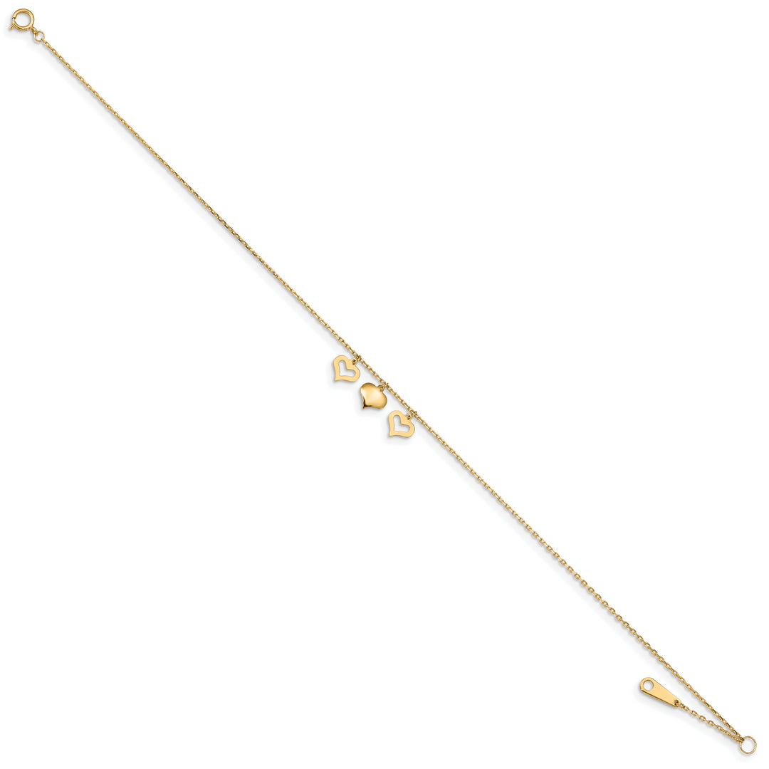 Tobillera de 14K con 3 Corazones de 10 Pulgadas más 1 Pulgada de Extensión