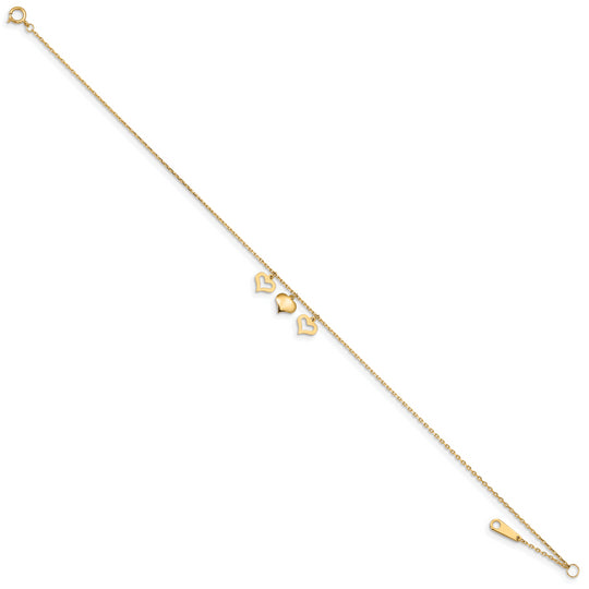 Tobillera de 14K con 3 Corazones de 10 Pulgadas más 1 Pulgada de Extensión
