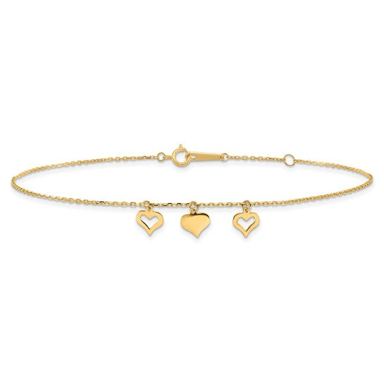 Tobillera de 14K con 3 Corazones de 10 Pulgadas más 1 Pulgada de Extensión