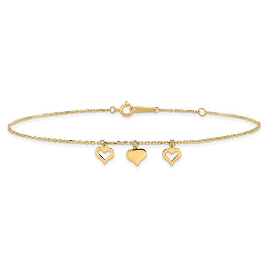 Tobillera 14K con 3 Corazones, 9 pulgadas + 1 pulgada de Extensión