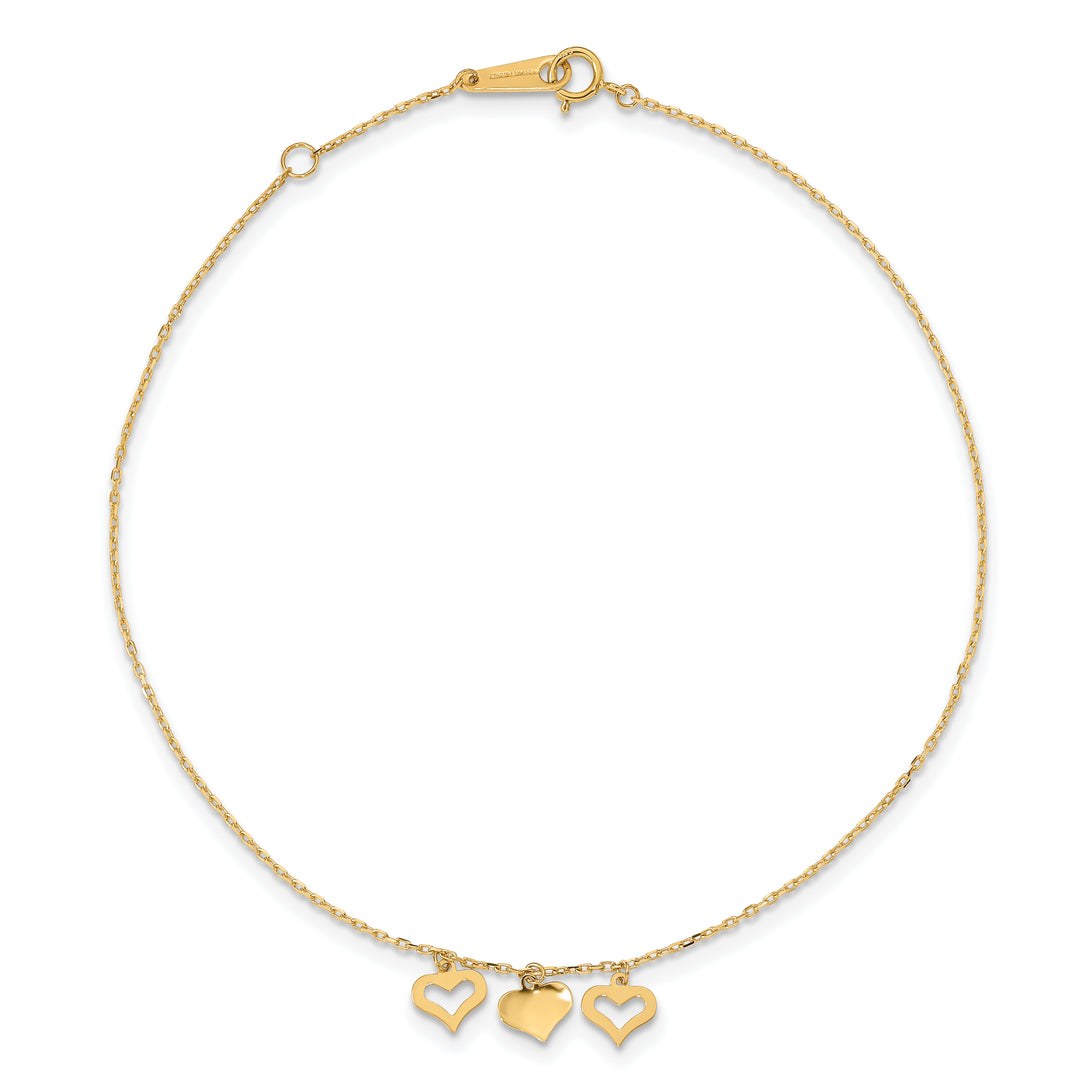 Tobillera de 14K con 3 Corazones de 10 Pulgadas más 1 Pulgada de Extensión