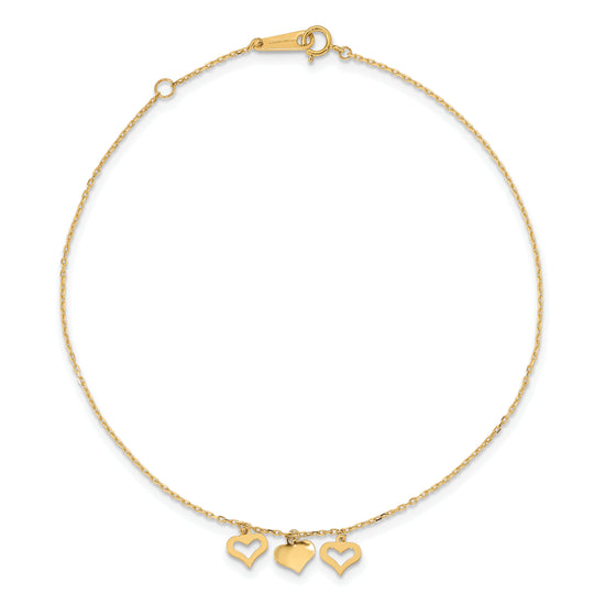 Tobillera de 14K con 3 Corazones de 10 Pulgadas más 1 Pulgada de Extensión