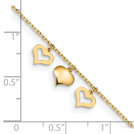 Tobillera 14K con 3 Corazones, 9 pulgadas + 1 pulgada de Extensión