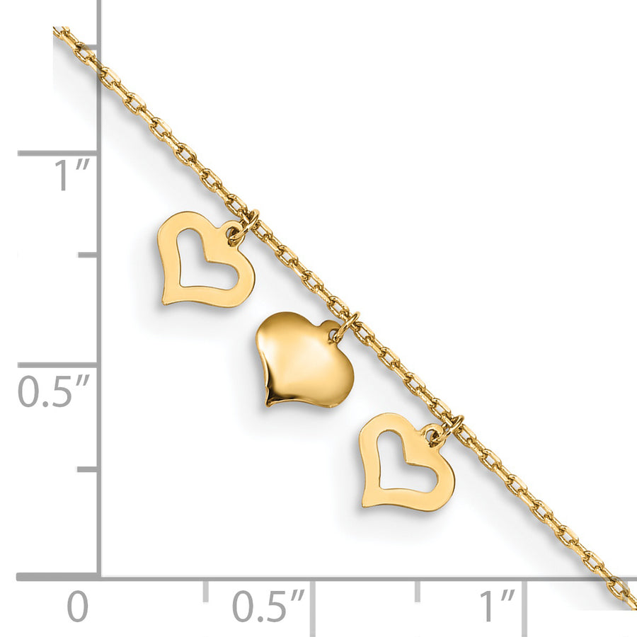 Tobillera de 14K con 3 Corazones de 10 Pulgadas más 1 Pulgada de Extensión