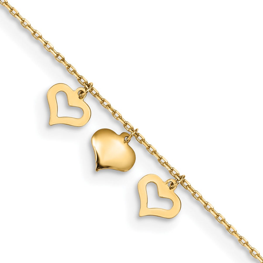 Tobillera de 14K con 3 Corazones de 10 Pulgadas más 1 Pulgada de Extensión
