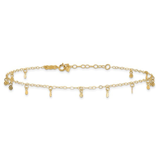Tobillera de Oro Amarillo de 14K con Cadena Ovalada y Puntos Cortados en Diamante de 9 Pulgadas + 1 Pulgada de Extensión