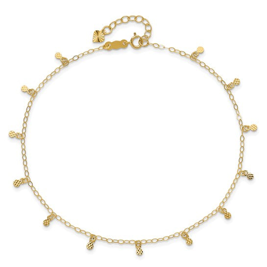 Tobillera de Oro Amarillo de 14K con Cadena Ovalada y Puntos Cortados en Diamante de 9 Pulgadas + 1 Pulgada de Extensión
